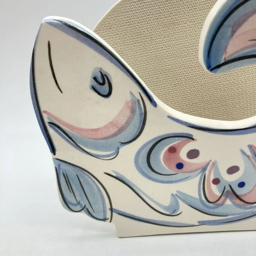 Vtg Hand Painted Ceramic Pastel Fish Napkin Letter Holder Whimsy Kitschy 6